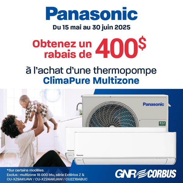 400$ de rabais à l'achat d'une thermopompe ClimaPure Multizone de Panasonic.